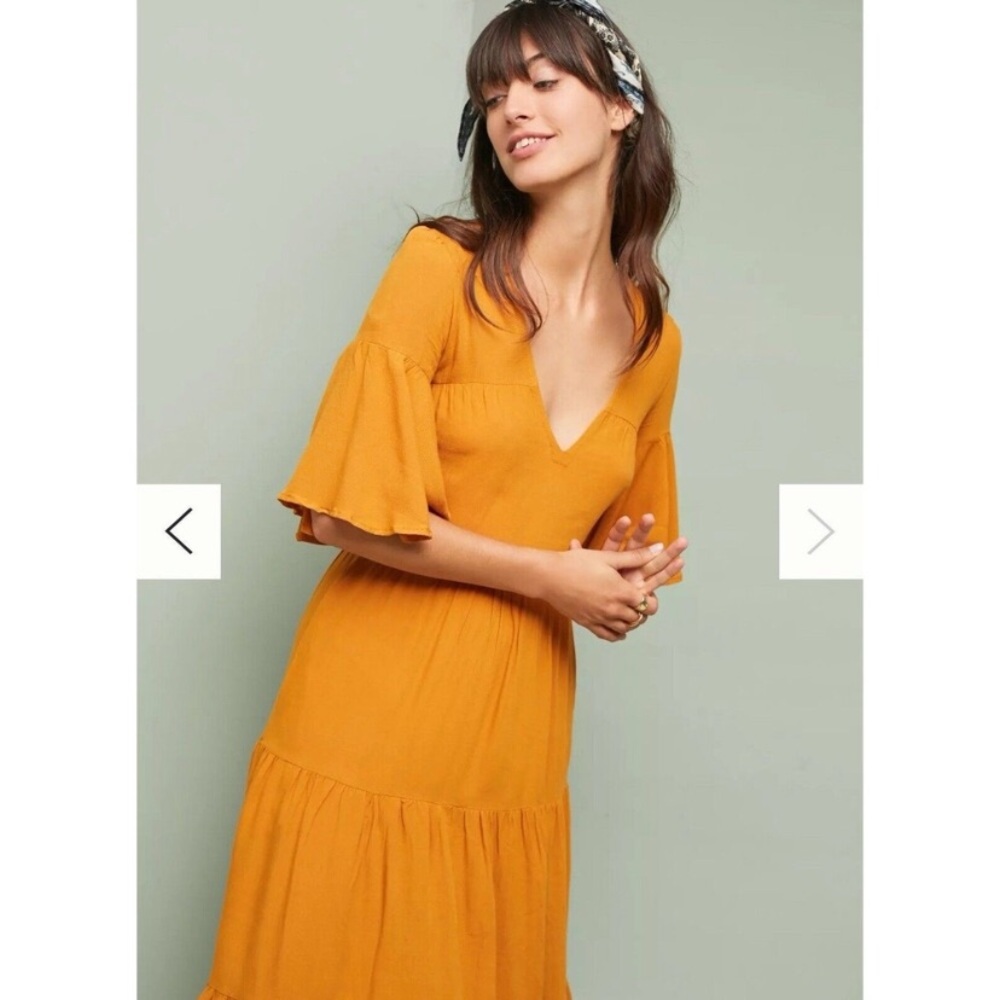 Faithfull the Brand Anthropologie Arwen Midi VNeck Dress Sleeves Mustard Large 8